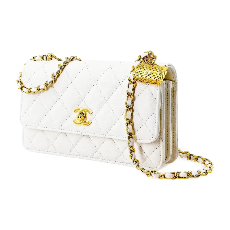 CHANEL WOC Litchi Grain Cow Leather Clutch Chain Bag Wallet Tubas Women's White-1