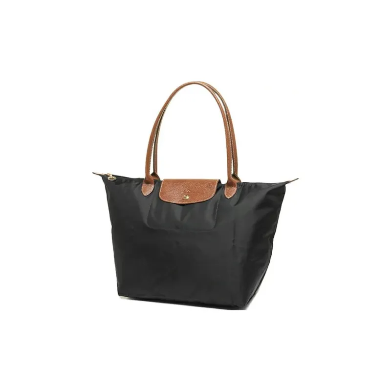 LONGCHAMP Le Pliage Canvas With Leather Canvas Bag Totes Shopping Bag One Shoulder Handbags Large Size Women's Black-1