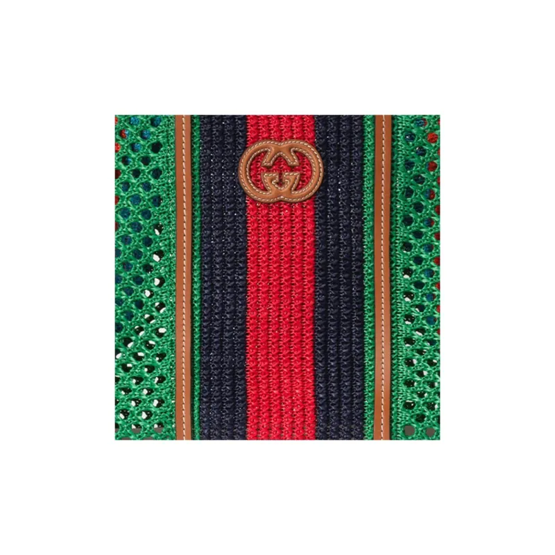 GUCCI Raffia With Leather Trim Tote Bag Shopping Bag Handbag Medium Size Women's Green/Black/Red-7