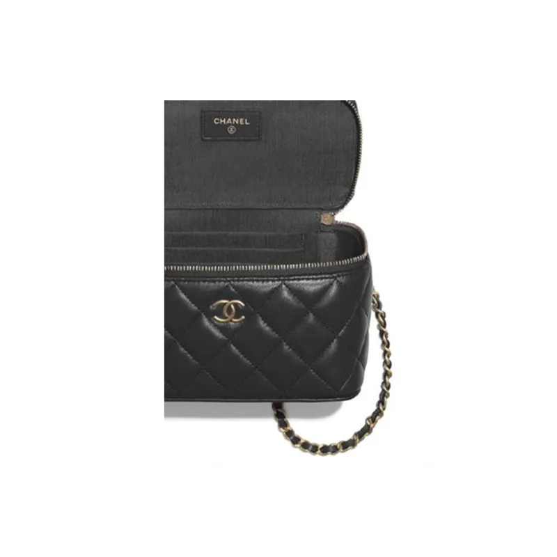 CHANEL Sheepskin Toiletry Bag, Box Bag, Handbag, Shoulder Bag, Crossbody Bag, Mirror Not Included Women's Black-4