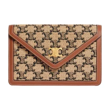 CELINE Triomphe Arc De Triomphe Textile Cow Leather Clutch Handbag Shoulder Bag Wallet Women's Natural Color/Tan