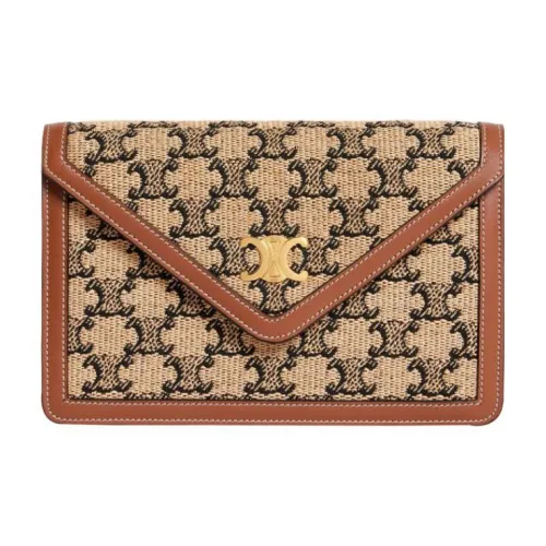 CELINE Triomphe Arc De Triomphe Textile Cow Leather Clutch Handbag Shoulder Bag Wallet Women's Natural Color/Tan