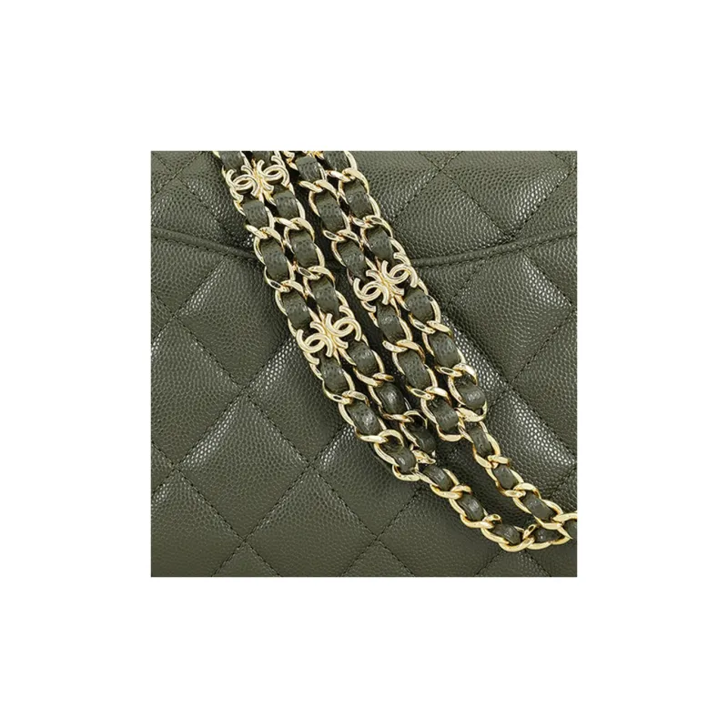 CHANEL Litchi Cow Leather Square Chubby Envelope Bag Shoulder Bag Crossbody Bag Small Size Women's Olive Green-5