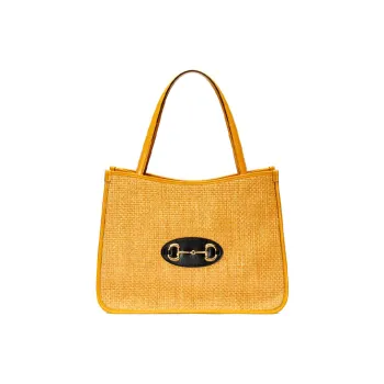 GUCCI Horsebit 1955 Straw Woven With Leather One Shoulder Handbag Women's Yellow