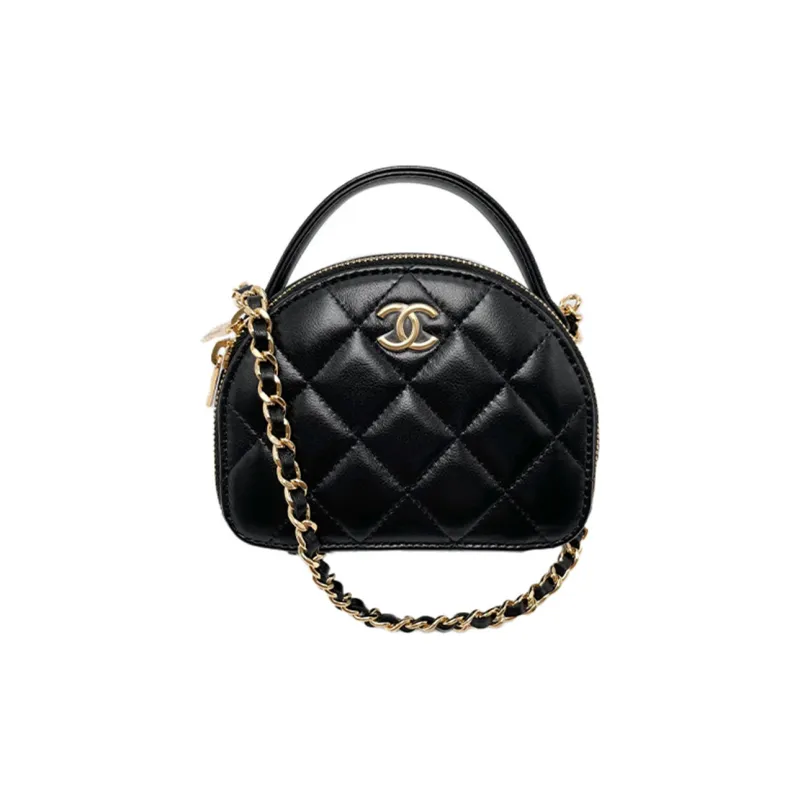 CHANEL Lambskin Small Round Bag, One Shoulder Crossbody Clutch Trumpets Women's Black-0