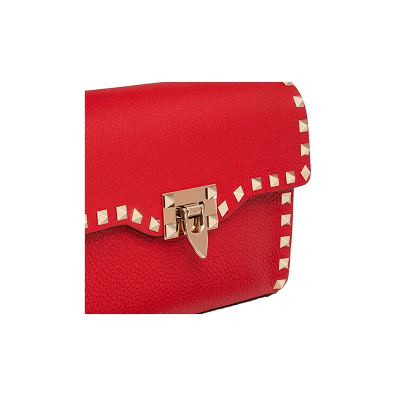 Valentino Rockstud Calfskin Messenger Bag Shoulder Bag, Crossbody Bag Women's Red-4