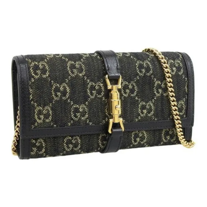 GUCCI Denim With Leather Wallet, Card Holder Unisex Black-1