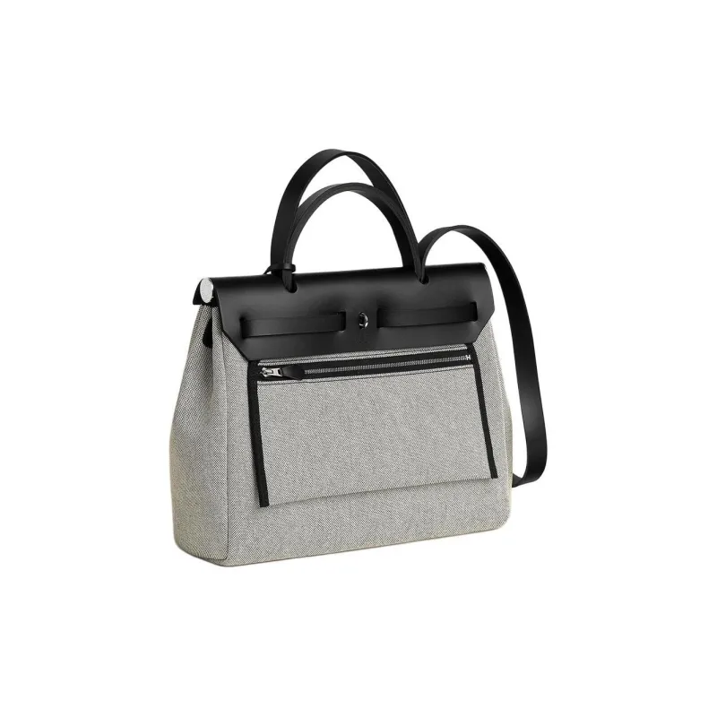 HERMES Herbag Zip H Plume Canvas Tote Bag Shopping Bag Handbag Women's Black & Gray-2