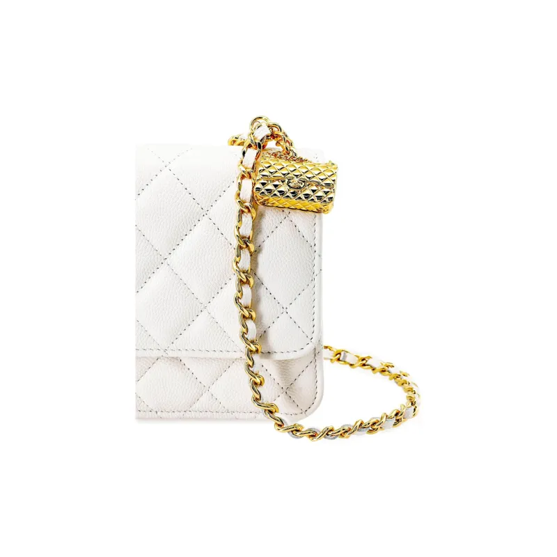 CHANEL WOC Litchi Grain Cow Leather Clutch Chain Bag Wallet Tubas Women's White-4