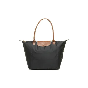 LONGCHAMP Le Pliage Canvas With Leather Canvas Bag Totes Shopping Bag One Shoulder Handbags Large Size Women's Black