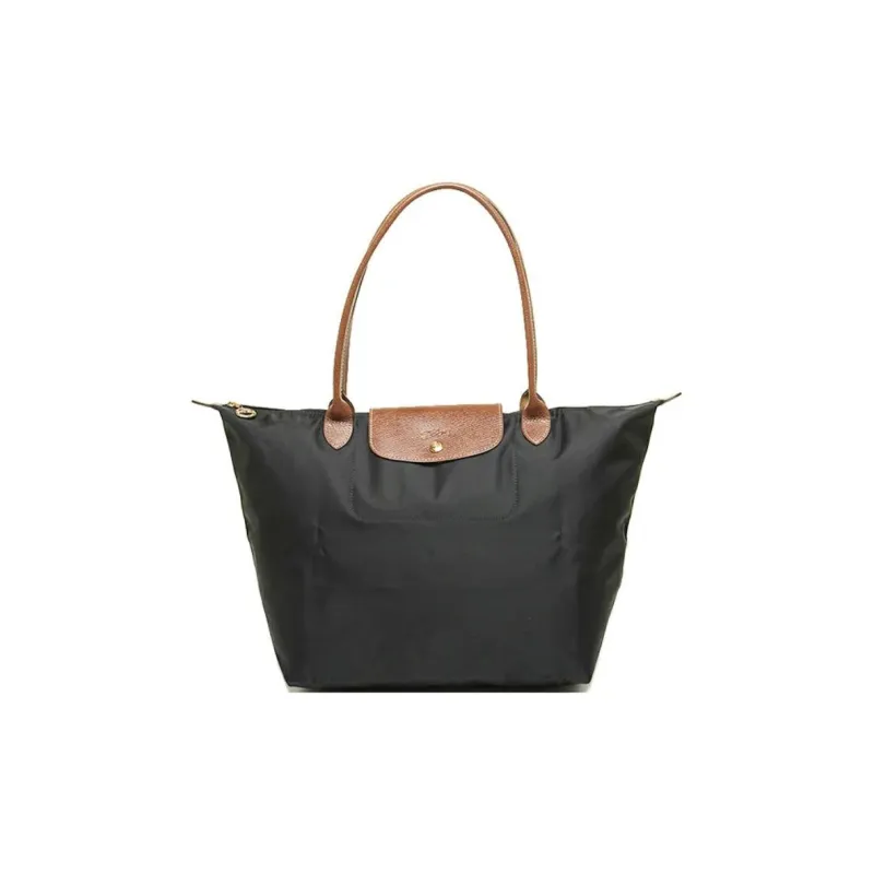 LONGCHAMP Le Pliage Canvas With Leather Canvas Bag Totes Shopping Bag One Shoulder Handbags Large Size Women's Black-0