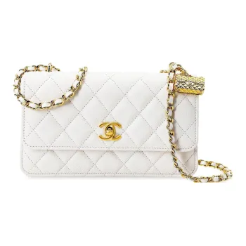 CHANEL WOC Litchi Grain Cow Leather Clutch Chain Bag Wallet Tubas Women's White