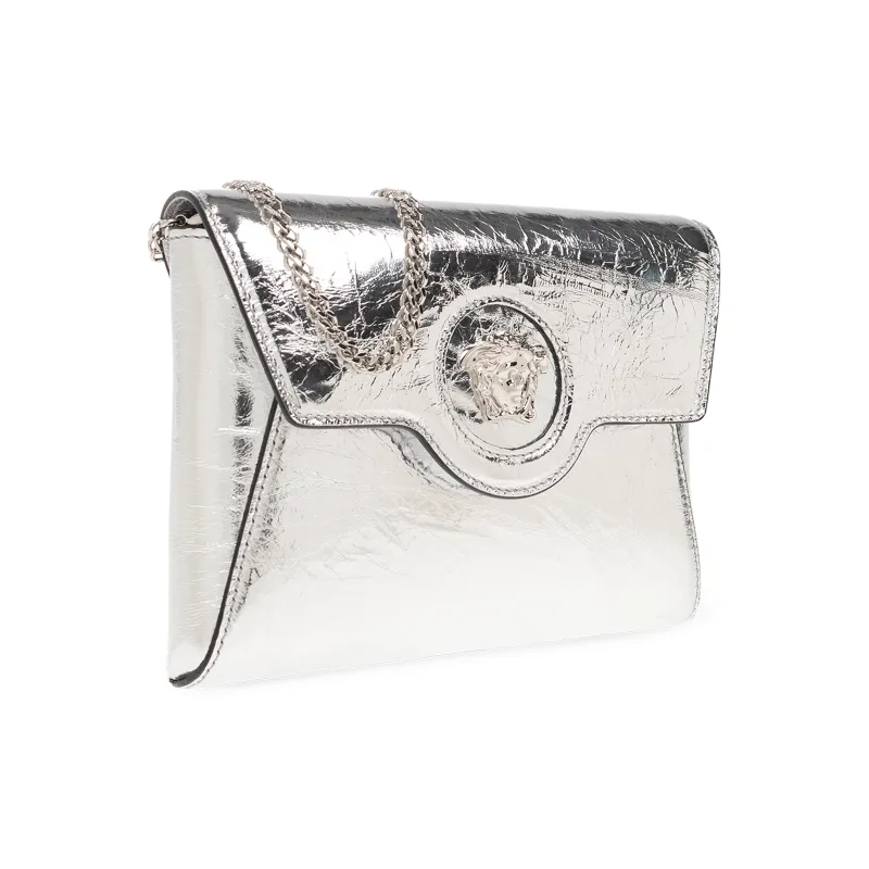 VERSACE Lambskin One Shoulder Crossbody Clutches Women's Silver-1