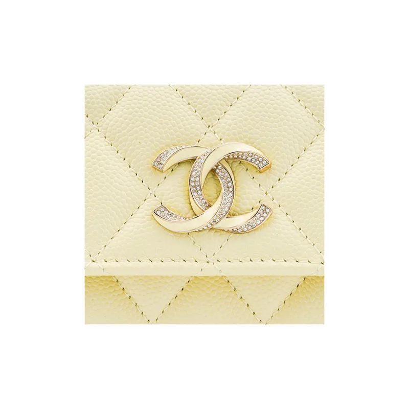 CHANEL Bright Grain Litchi Grain Cow Leather Wallet, Card Holder Women's Light Yellow-5