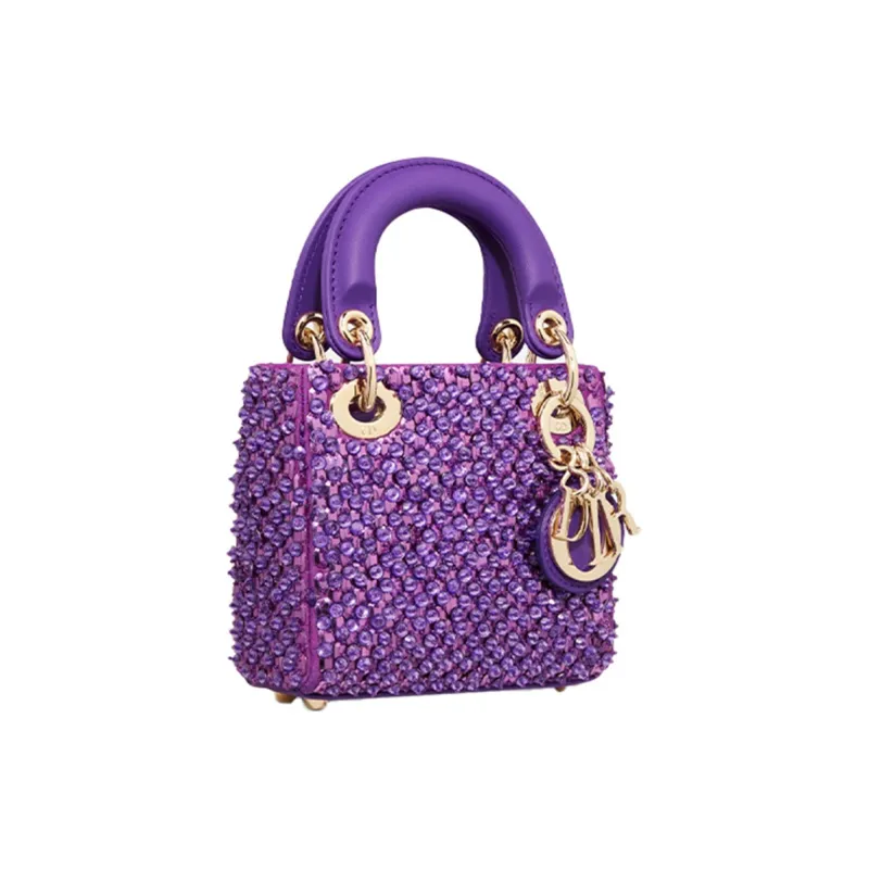 DIOR Lady Dior Rhinestone Embroidered Calfskin Shoulder Bag Crossbody Bag Handbag Mini Women's Purple-1