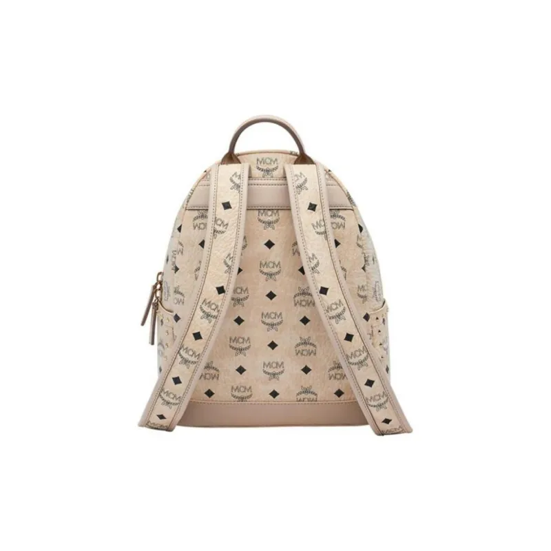 MCM Stark Visetos Leather Backpack Small Size Women's Apricot-3