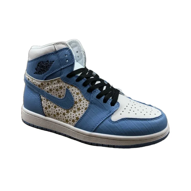 Supreme x Jordan Air Jordan 1 Cushioned Slip-Resistant High-Top Vintage Basketball Shoes Men's Blue White-1