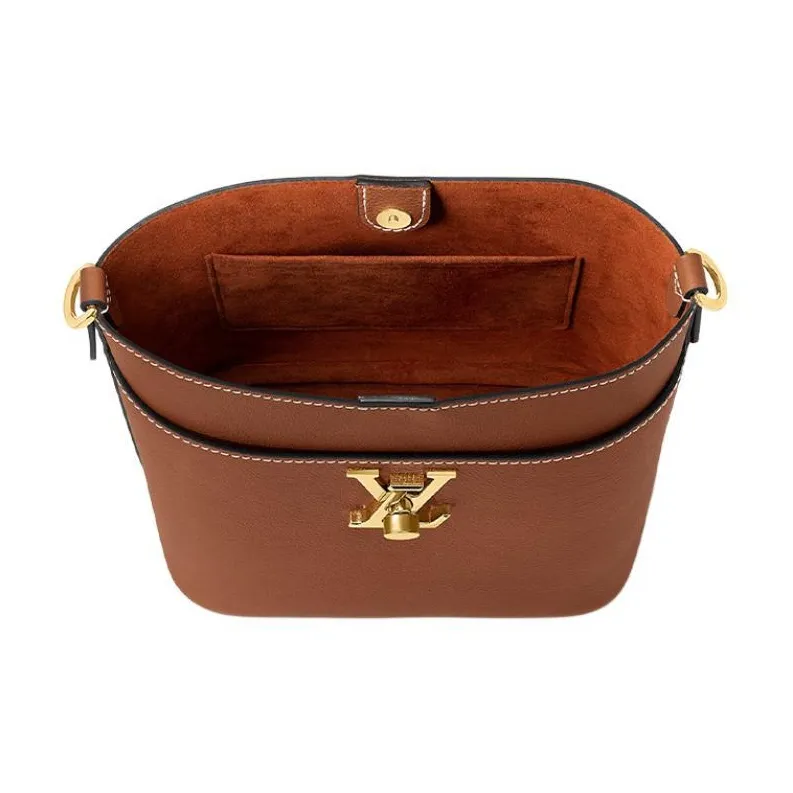 LOUIS VUITTON LOCK AND WALK Grain Calfskin Bucket Bag, Shoulder Bag, Crossbody Bag Women's Cognac Brown-3
