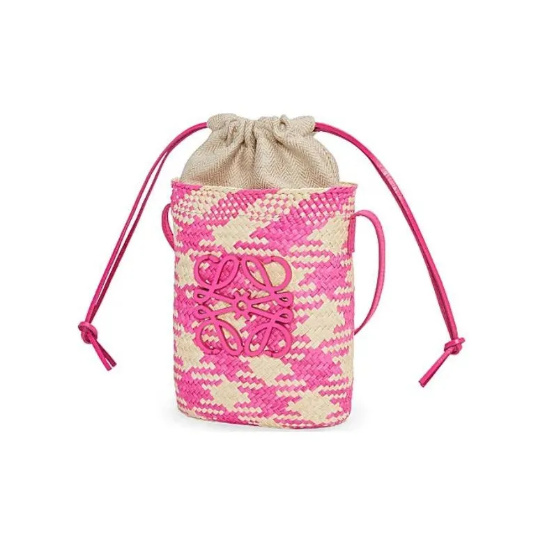 LOEWE Iracap Palm Fiber With Cow Leather Shoulder Bag, Crossbody Bag Women's Natural & Fuchsia-2