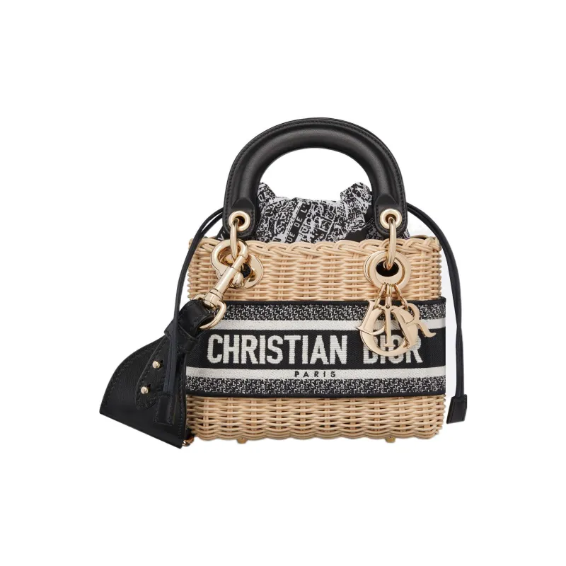 DIOR Lady D-Lite Wicker With Canvas Dior Bag Shoulder Bag Crossbody Bag Handbag Mini Women's Black/White-0