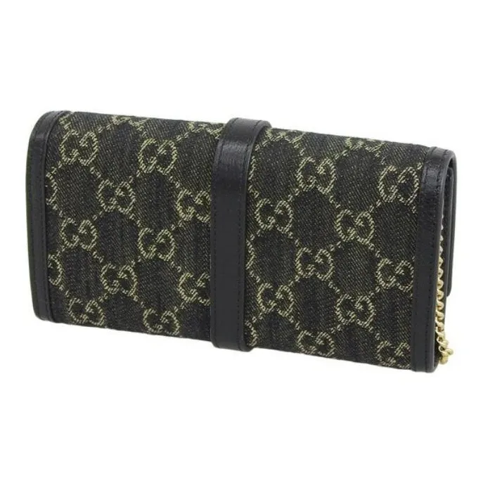 GUCCI Denim With Leather Wallet, Card Holder Unisex Black-4