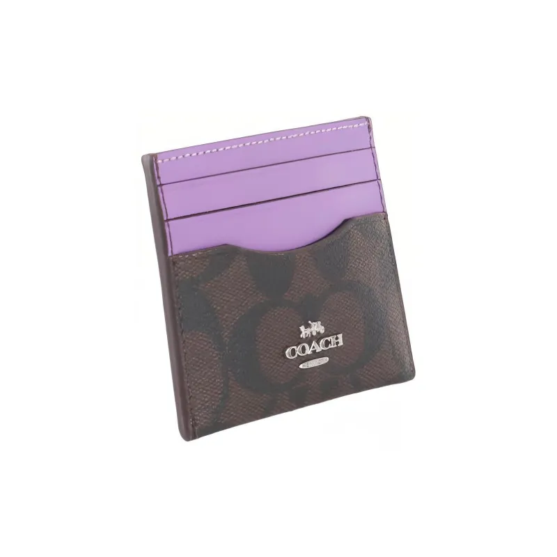 COACH Card Case Canvas With Leather ID Card Holder Card Clip Card Wallet Women's Dark Brown With Purple Accents-2