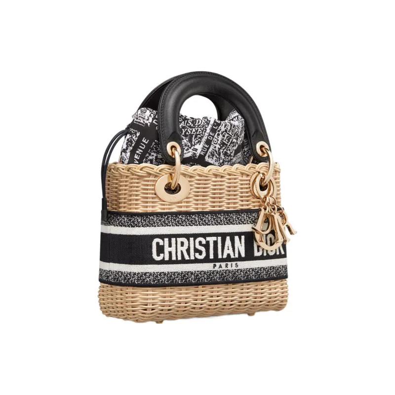 DIOR Lady D-Lite Wicker With Canvas Dior Bag Shoulder Bag Crossbody Bag Handbag Mini Women's Black/White-2