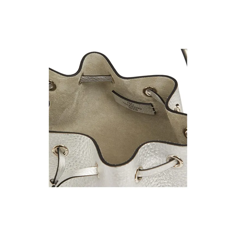 Valentino Rockstud Grained Calfskin Bucket Bag Handbag Shoulder Bag Crossbody Bag Women's Silver-5