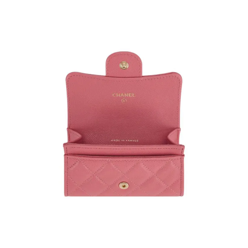 CHANEL Grained Shiny Calfskin Card Holder Regular Women's Rose Red-2
