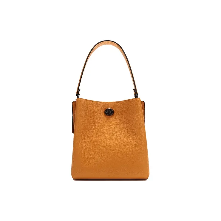 COACH Charlie Pebbled Leather Portable One Shoulder Crossbody Bucket Bag Small Size Women's Dark Yellow-3