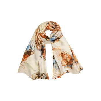 Eucalyptus Ornamentation Silk Scarves Women's Ecru