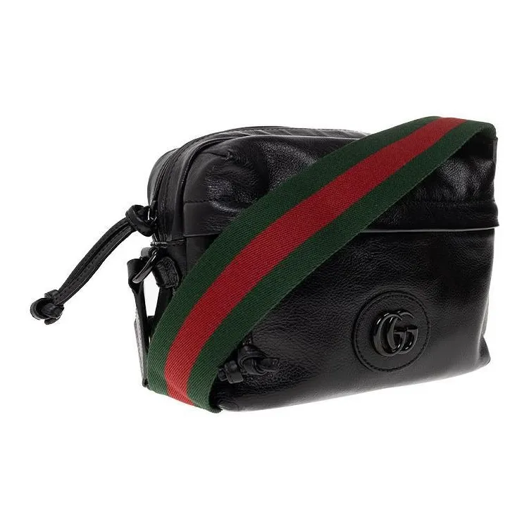 GUCCI Double G Leather Messenger Bag Shoulder Bag, Crossbody Bag Unisex Black-1