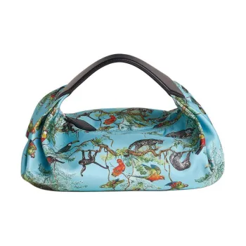 HERMES Balusoie Silk With Hunter Cow Leather Lunch Bag Handbag Women's P3 Bleu Du Nord Northern Blue & 76 Bleu Indigo