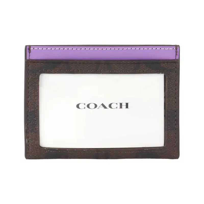 COACH Card Case Canvas With Leather ID Card Holder Card Clip Card Wallet Women's Dark Brown With Purple Accents-1