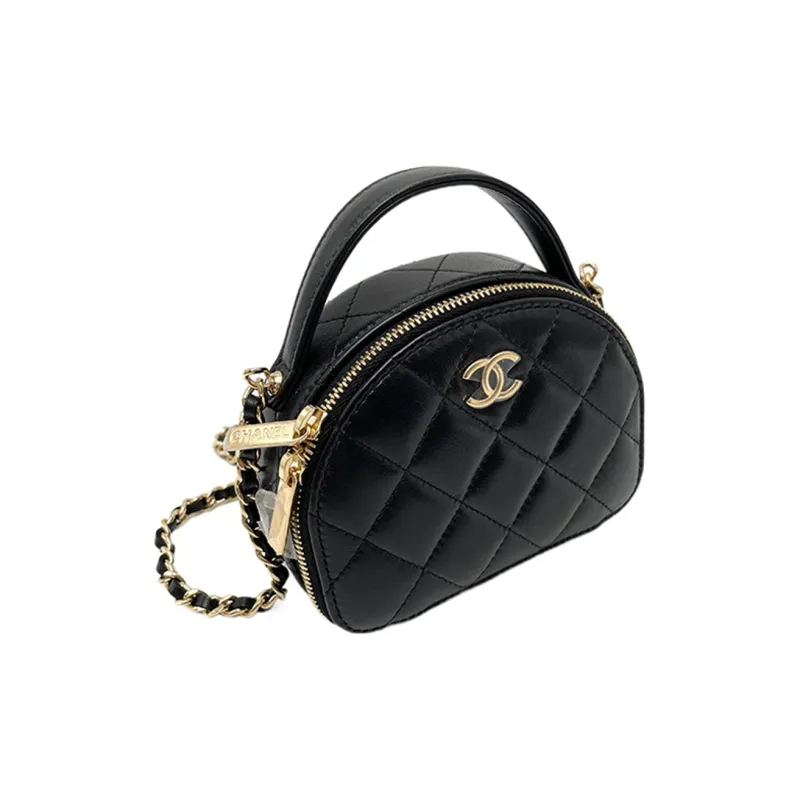 CHANEL Lambskin Small Round Bag, One Shoulder Crossbody Clutch Trumpets Women's Black-1