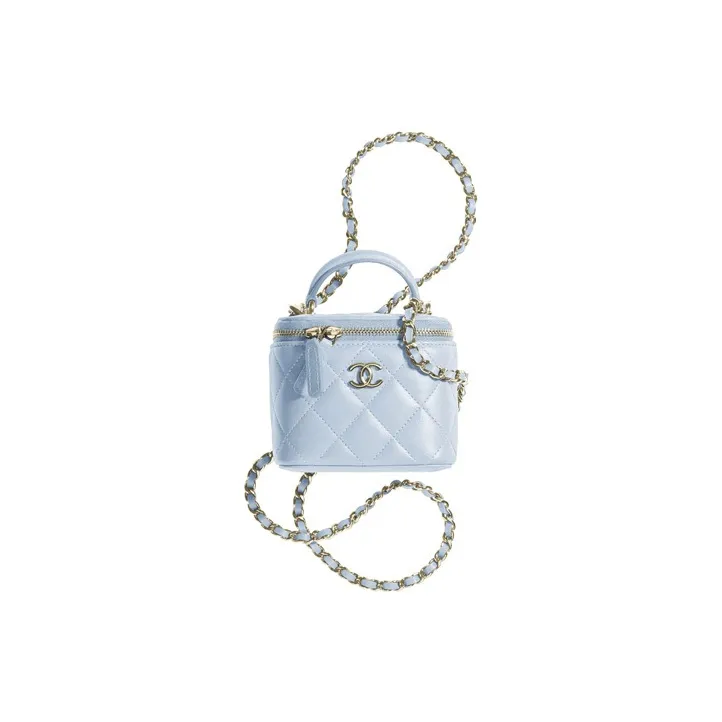 CHANEL Sheepskin Box Bag, Small Box Shoulder Bag, Crossbody Bag Mini Women's Baby Blue Light Blue-0