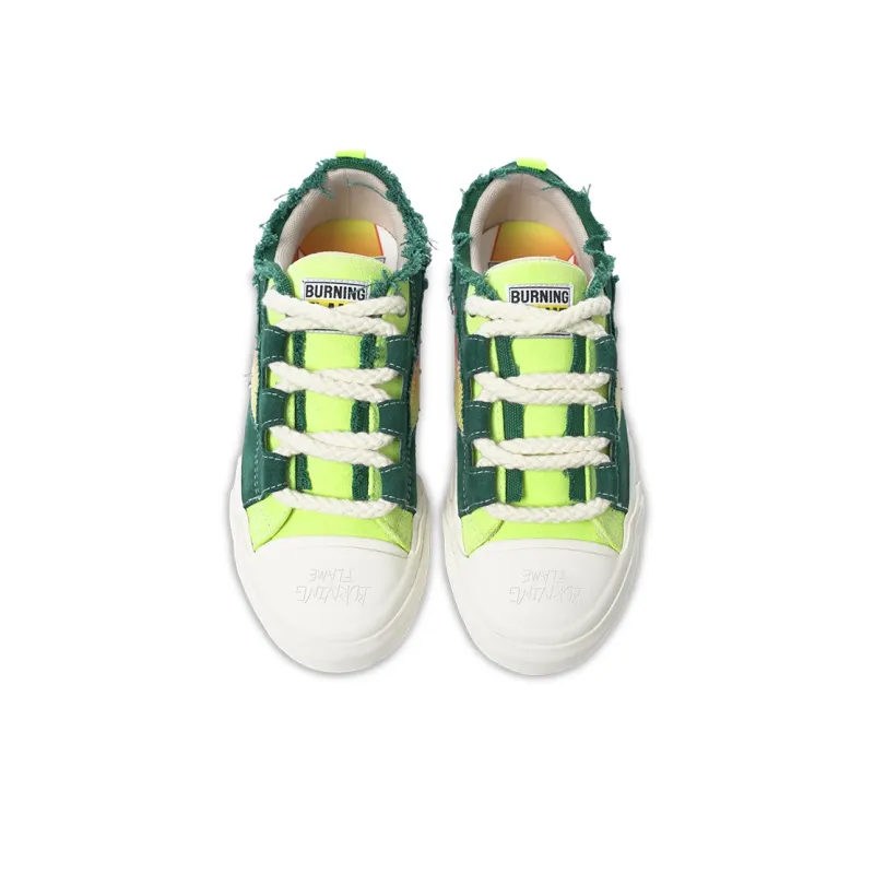BURNING FLAME Shoes Breathable And Slip Resistant Low Top Canvas Shoes Unisex Neon Green-3