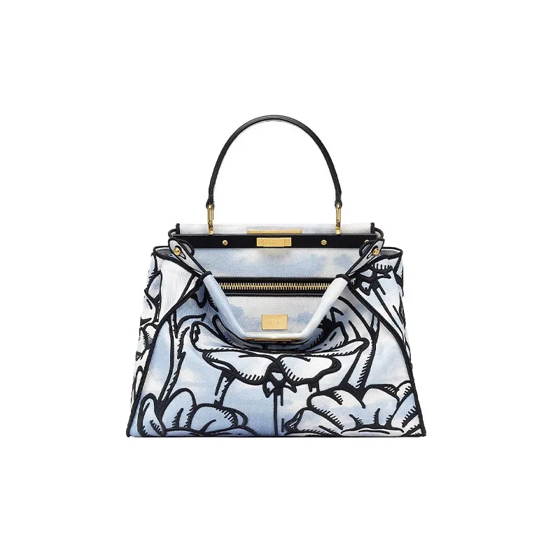FENDI Peekaboo Denim With Cow Leather Shoulder Bag, Crossbody Bag, Handbag Medium Size Women's White/Black/Light Blue-2
