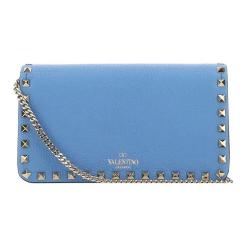 Valentino Rockstud Grained Calfskin Messenger Bag Shoulder Bag Crossbody Bag Clutches Women's Blue-2