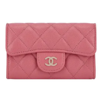 CHANEL Grained Shiny Calfskin Card Holder Regular Women's Rose Red