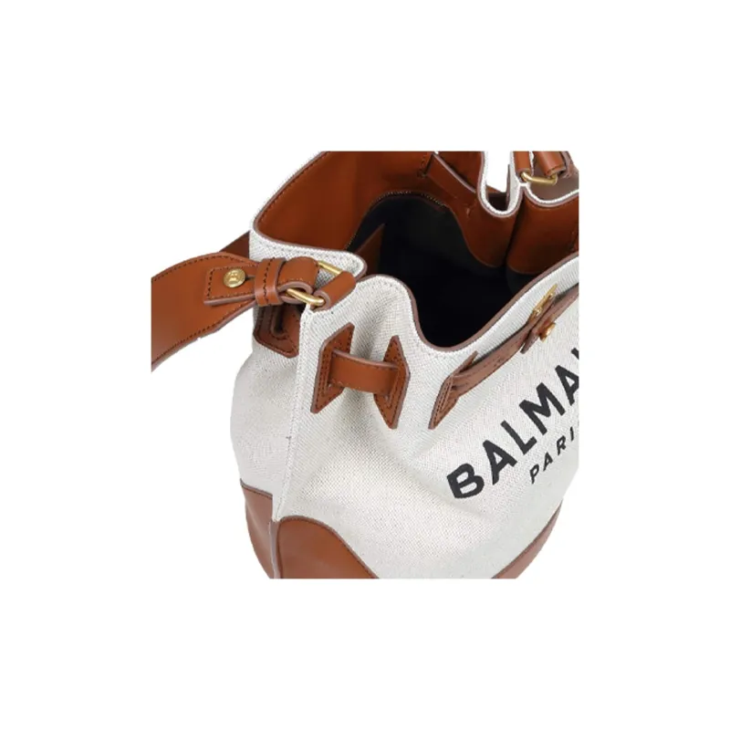 BALMAIN B-ARMY Canvas With Leather Bucket Bag Backpack Women's Brown-4
