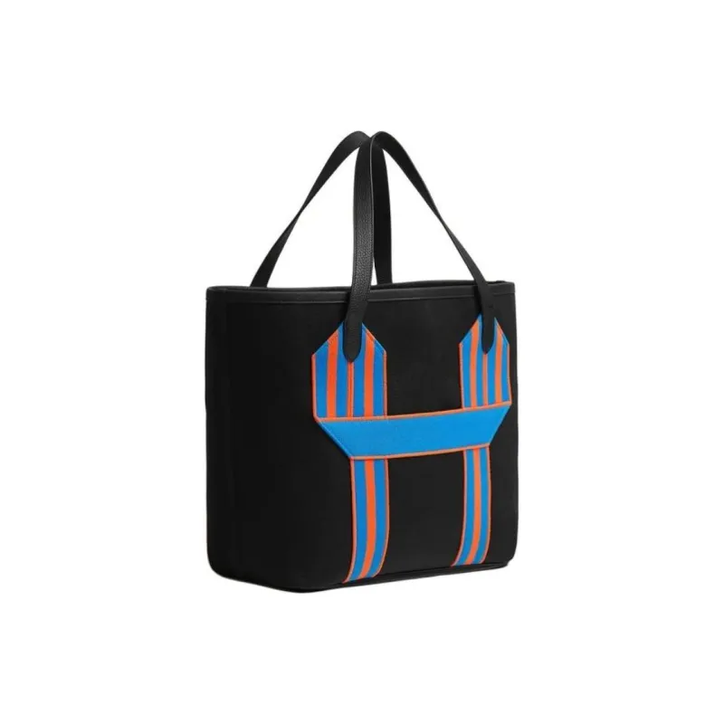 HERMES Pursangle Canvas With Clémence Calfskin Tote Bag Shopping Bag Handbag Men's Black/Blue/Orange-1