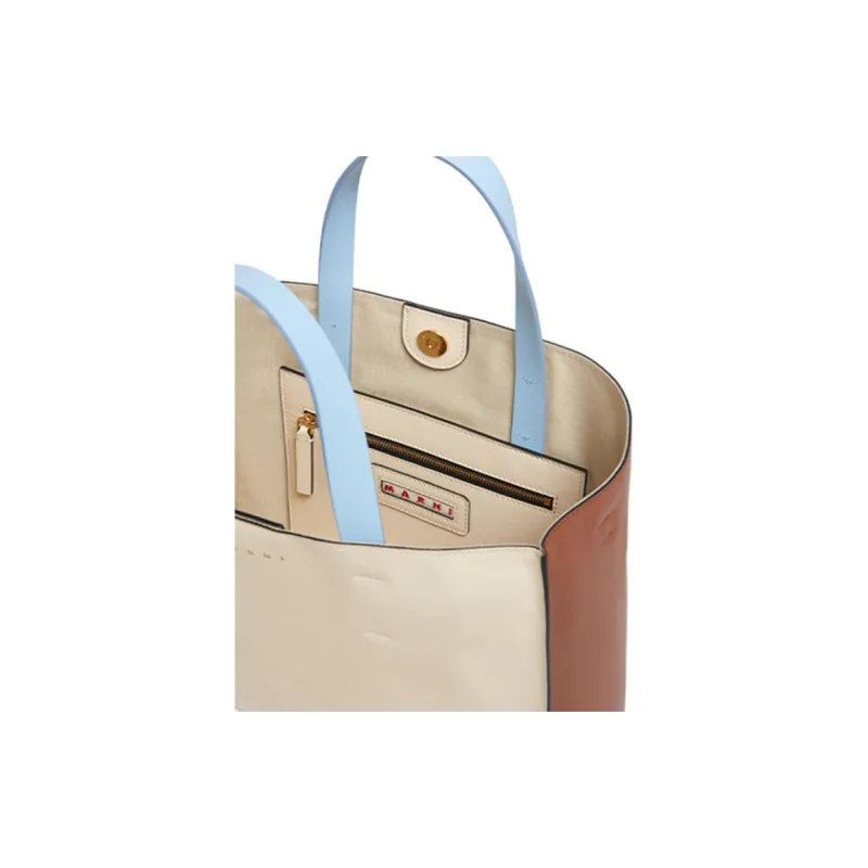 MARNI Leather Tote Bag, Shopping Bag, Handbag Trumpets Women's White Brown/Light Blue-3