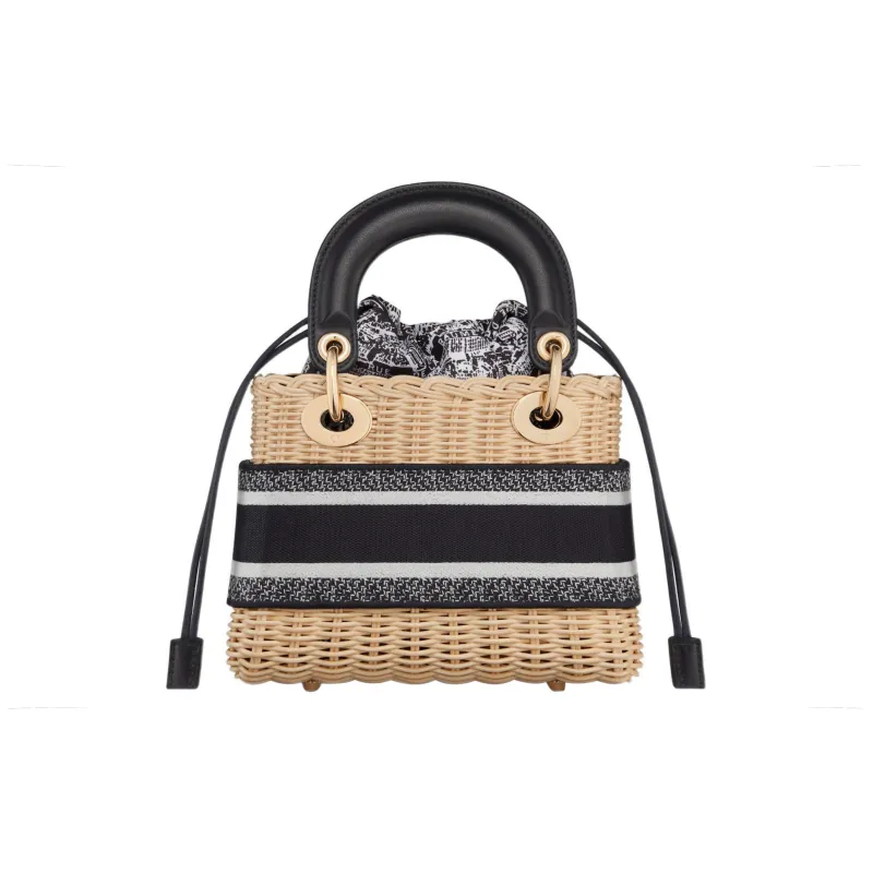 DIOR Lady D-Lite Wicker With Canvas Dior Bag Shoulder Bag Crossbody Bag Handbag Mini Women's Black/White-3