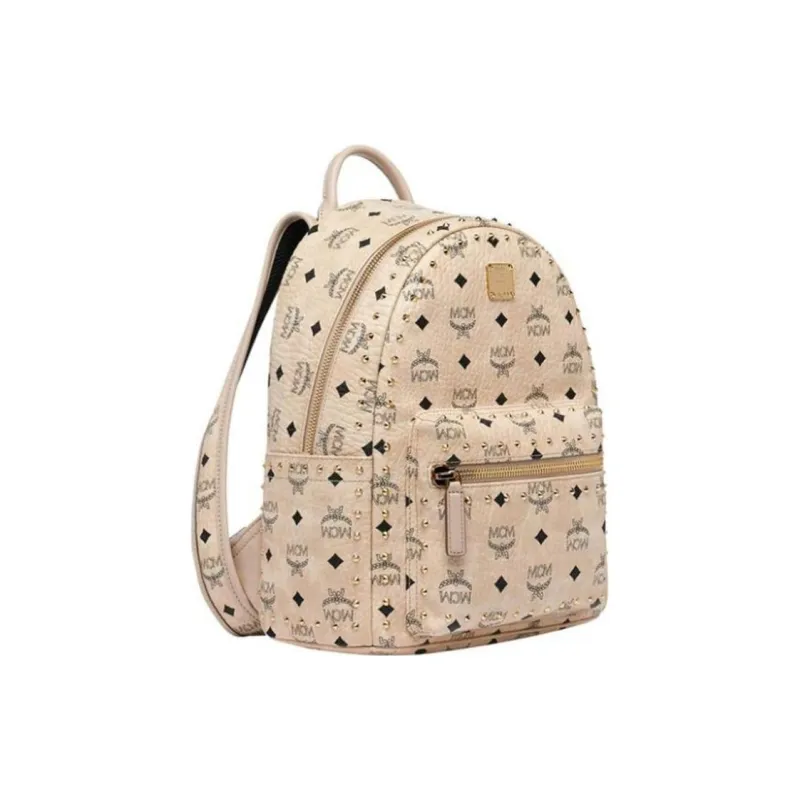 MCM Stark Visetos Leather Backpack Small Size Women's Apricot-1