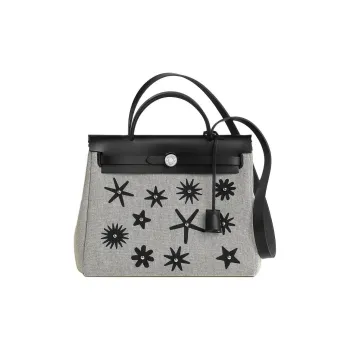 HERMES Herbag Zip H Plume Canvas Tote Bag Shopping Bag Handbag Women's Black & Gray