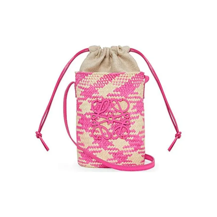 LOEWE Iracap Palm Fiber With Cow Leather Shoulder Bag, Crossbody Bag Women's Natural & Fuchsia-0