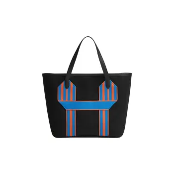 HERMES Pursangle Canvas With Clémence Calfskin Tote Bag Shopping Bag Handbag Men's Black/Blue/Orange