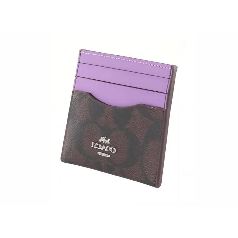 COACH Card Case Canvas With Leather ID Card Holder Card Clip Card Wallet Women's Dark Brown With Purple Accents-3