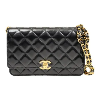 CHANEL Lambskin Shoulder Bag Crossbody Bag Wallets Regular Women's Black